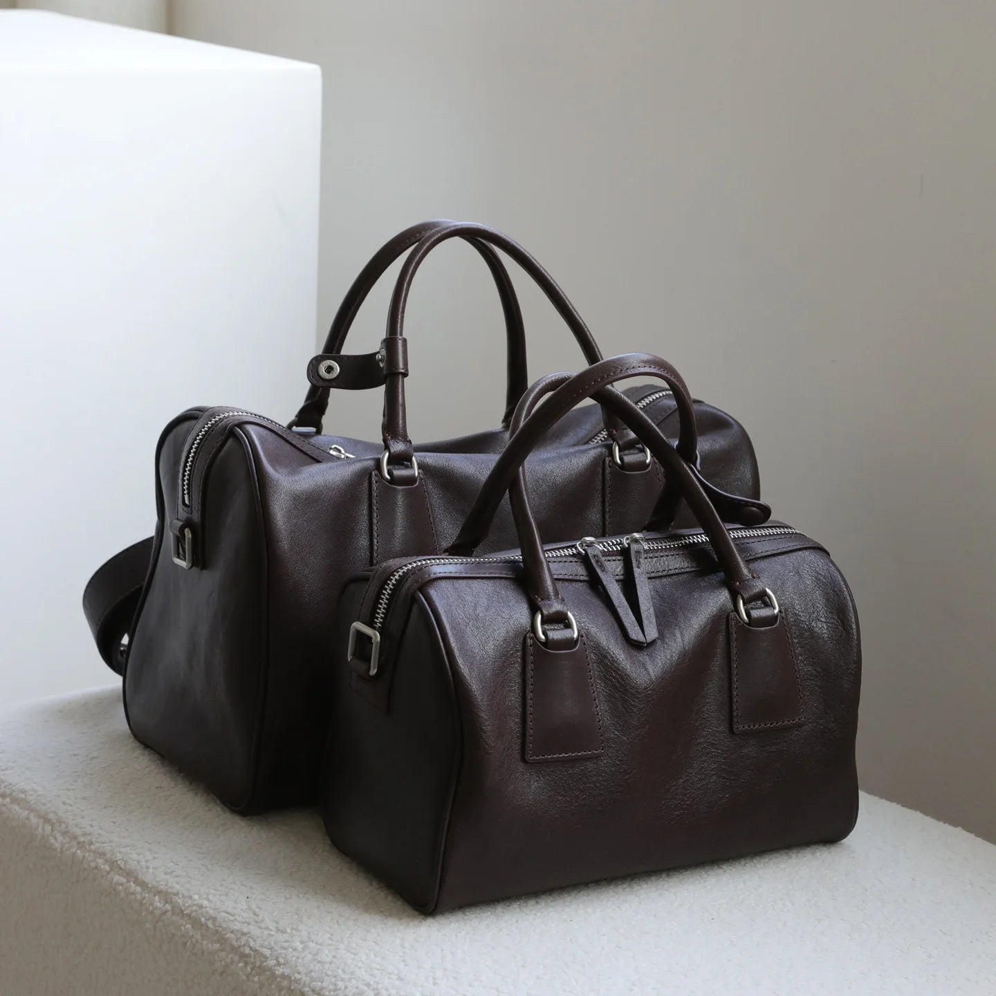 Vegetable-tanned Leather Luxury Minimalist Classic Two Zip Water Resistant Vintage Large-capacity Tote Handbag Boston Bag
