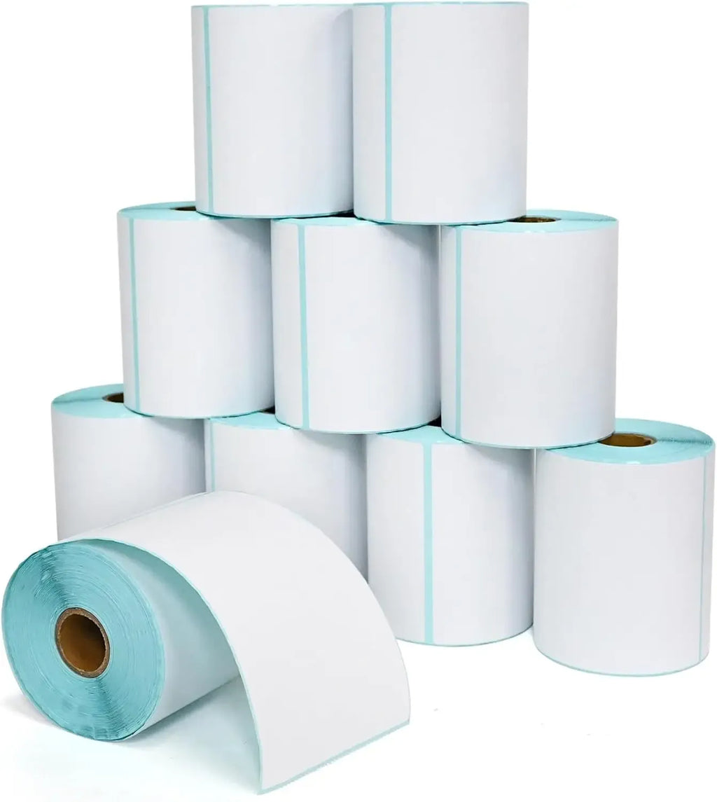 LTLL 4x6 thermal shipping label rolls stacked, white paper with teal core