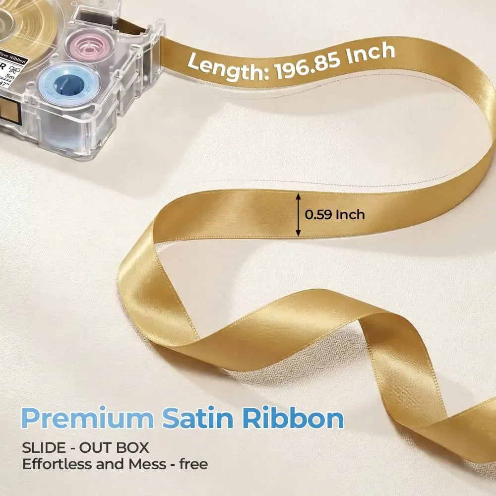 Gold satin ribbon tape close-up with size guides, 12mm x 5m, in dispenser box