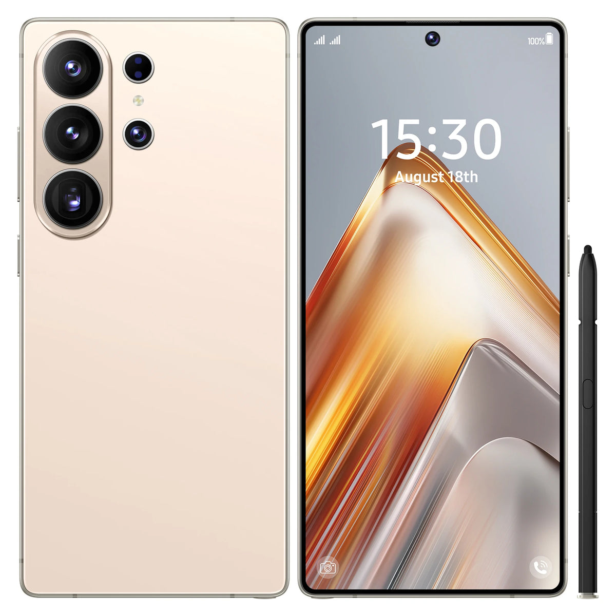 Beige smartphone with quad rear cameras and stylus, front display with time