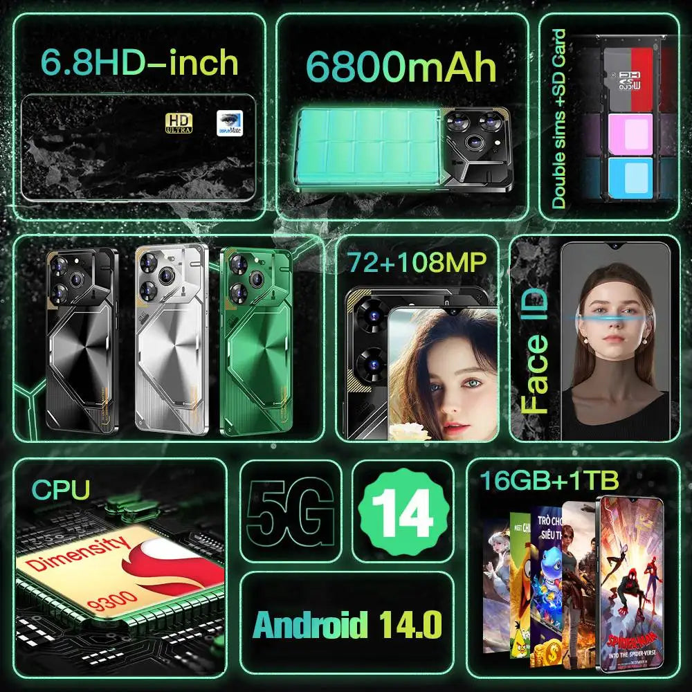 Tidesmit 5G Smartphone, 16GB RAM, 1TB Storage, 6.8 Inch AMOLED Display Tidesmit
