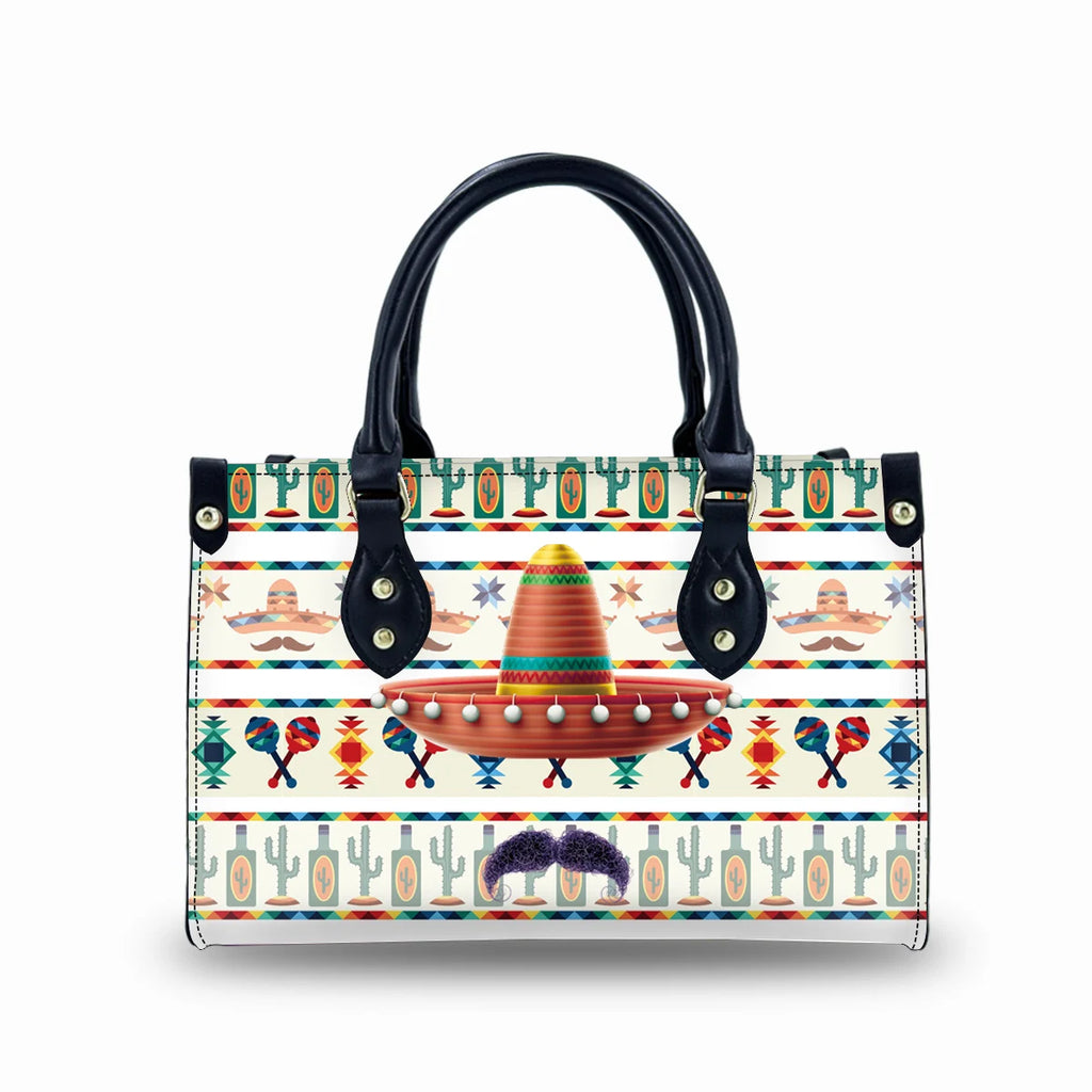 Vintage-style PU leather trunk bag featuring a colorful Mexican-themed print with sombreros, cacti, and maracas.