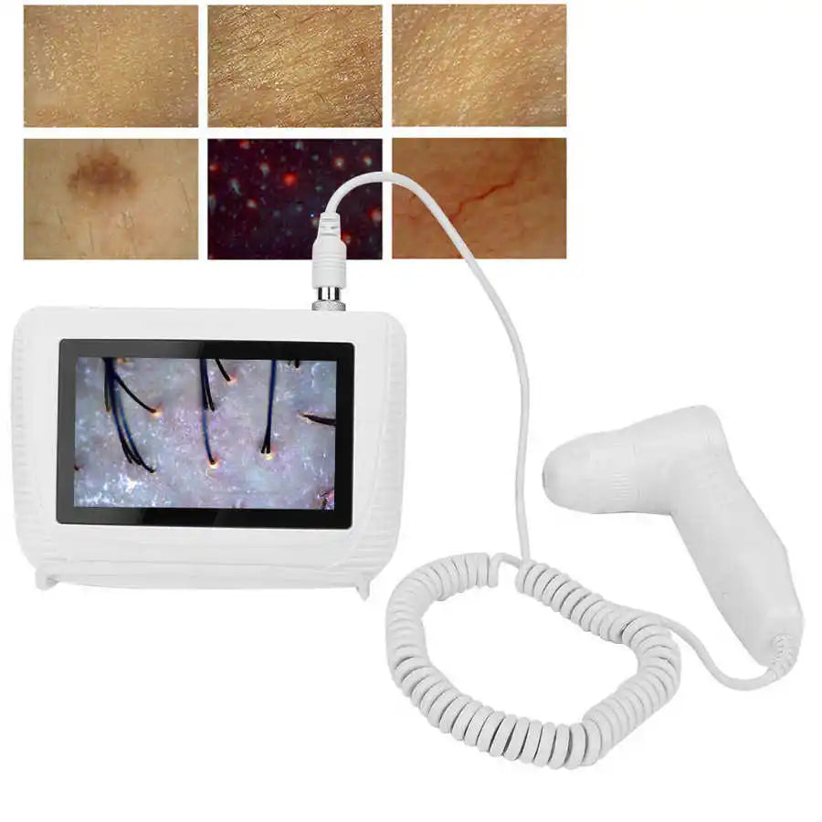 White portable skin and hair follicle analyzer with 50X/200X magnification, display monitor, and handheld probe.