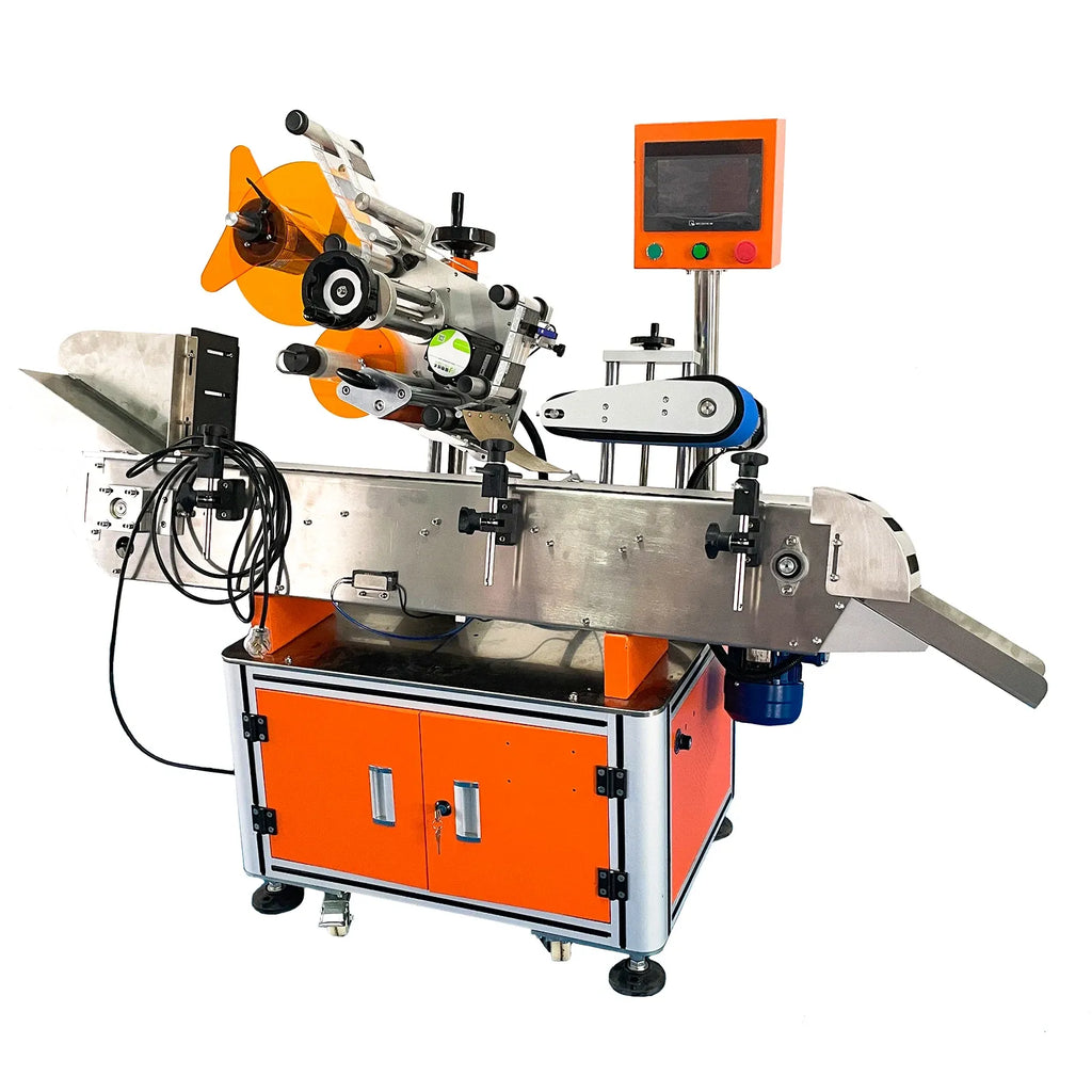 Flat-surface labeling machine with stainless frame, orange base, and front dispensing rollers
