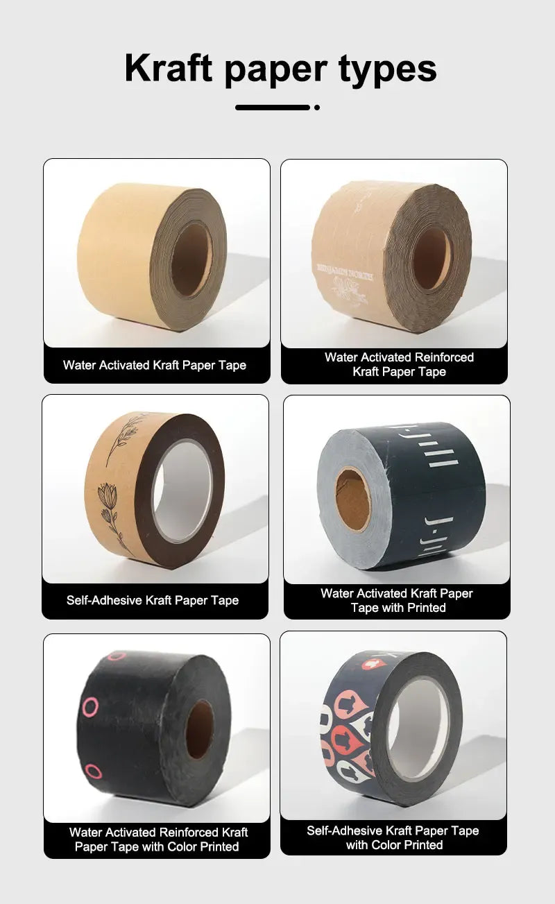 Kraft paper tape types chart showing water-activated and self-adhesive options