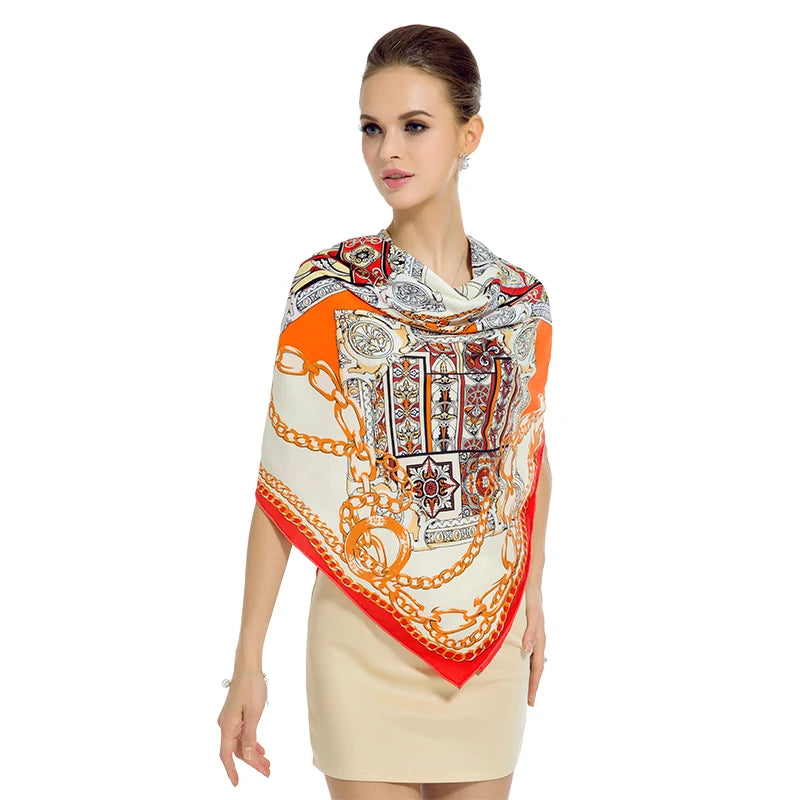 Twill Silk Feeling Scarf for Women 130*130 cm Euro Design Fashion Leopard Chain Print Square Scarves Luxury Gift Large Shawls