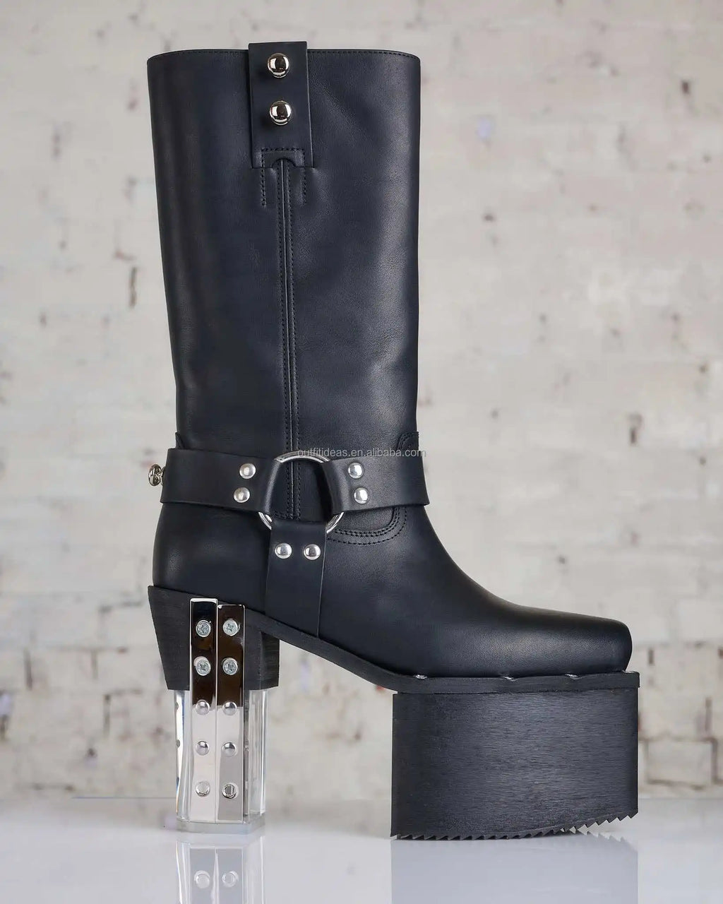 New With Box Unisex Men Cowboy Cow Leather Belt Wraps Metal Strips Transparent Clear Heel Runway LP Platform Ankle Boot for Men