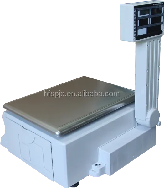 Tabletop weighing scale angled view with stainless platform and digital display arm.
