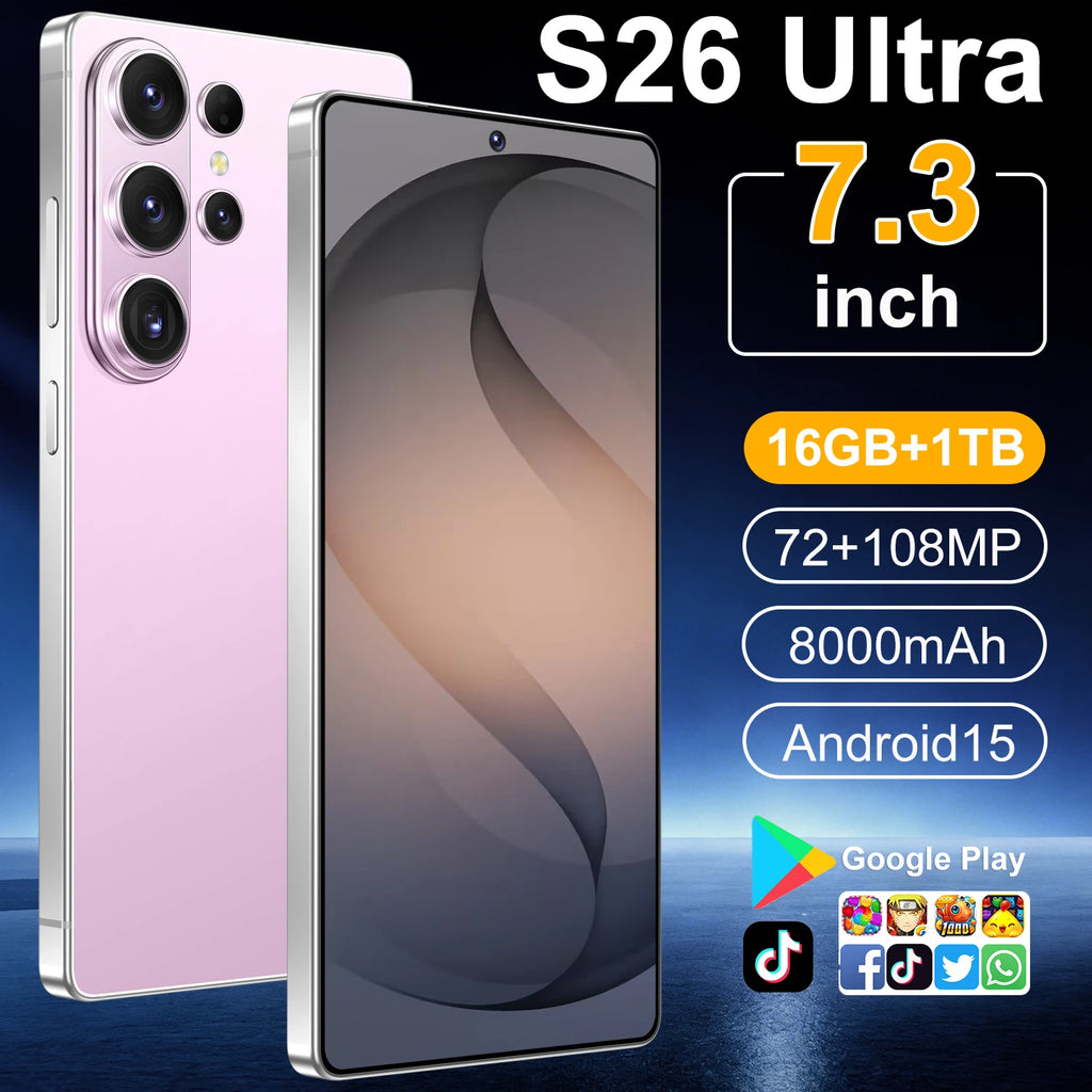 S26 Ultra 7.3 inch 5G smartphone with 16GB RAM and 1TB storage showing high-quality Android 15 HD display