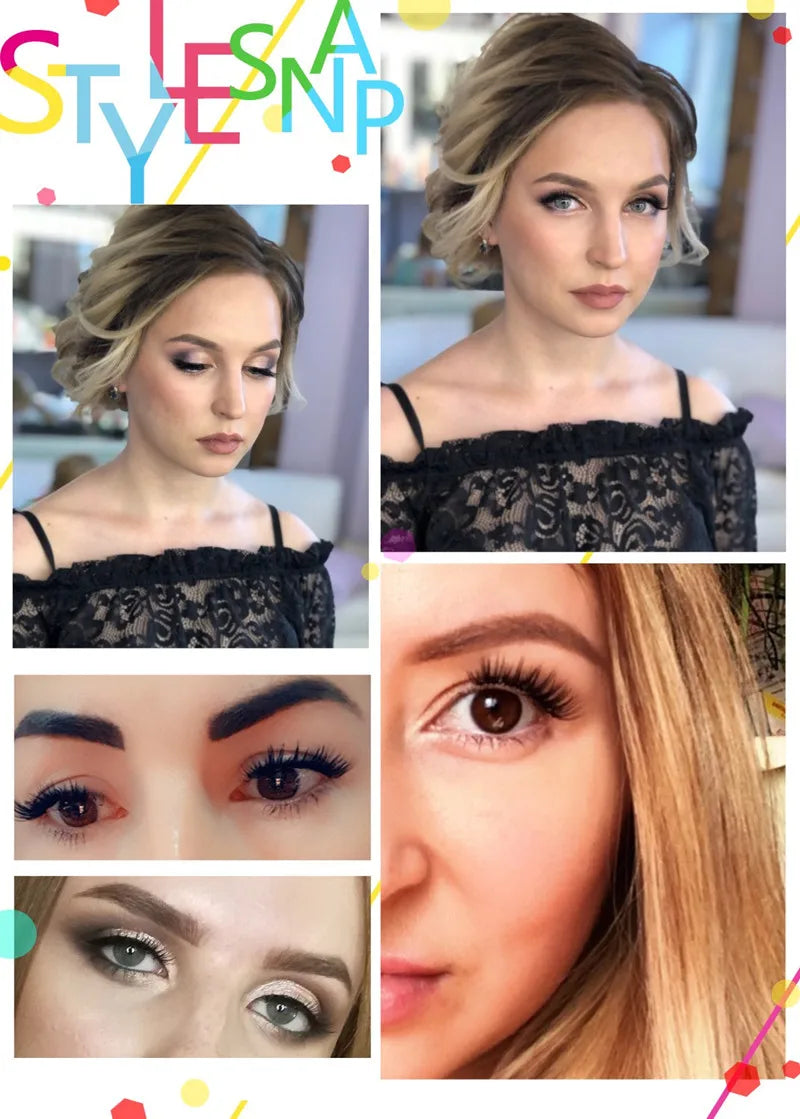 Collage of a woman wearing Tidesmit 20D Russian volume mink eyelash clusters for a natural, wispy, full lash look.