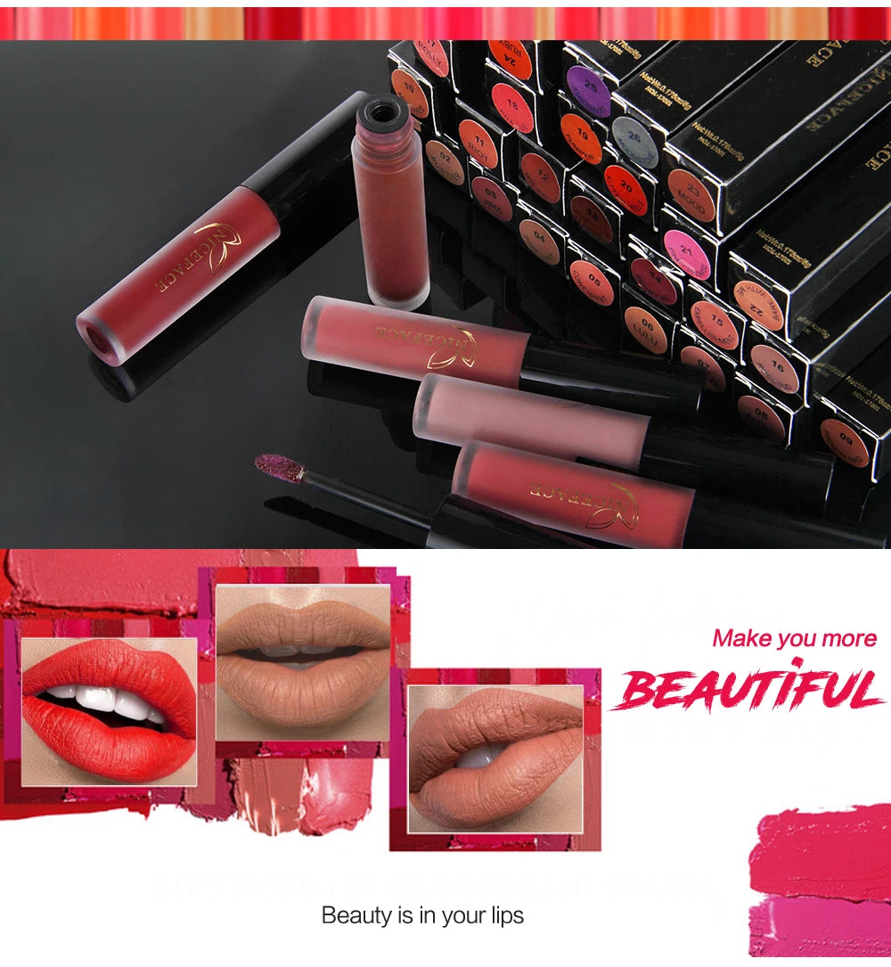 NICEFACE velvet matte liquid lipstick set with waterproof, long-lasting nude and vibrant pigment shades.