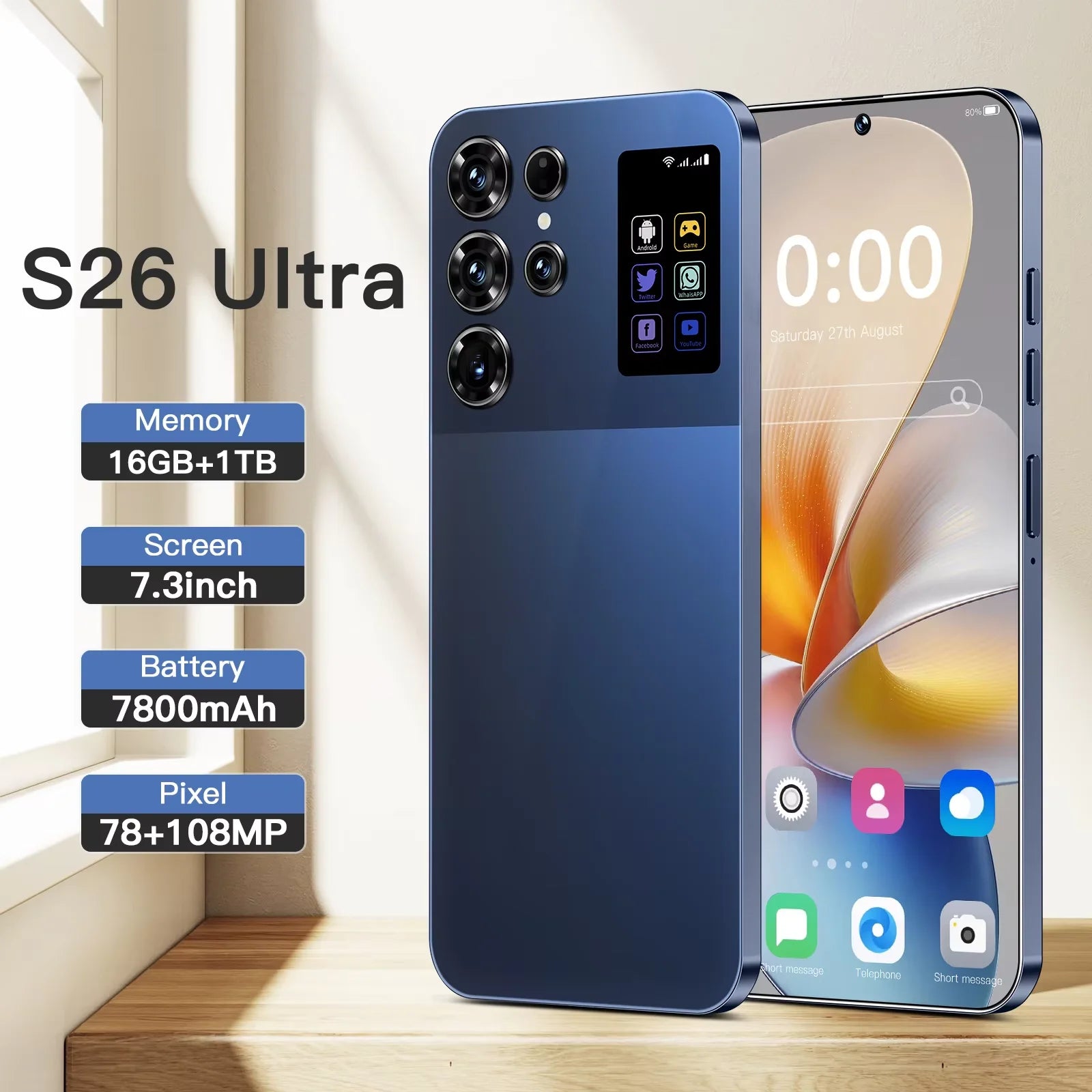 Dropshipping S26 Ultra 7.3 Inch 16GB+1TB 5G Smartphone 72+108MP HD Camera Dual Card 5G Android 14.0 Unlocked Cellphone - Tidesmit