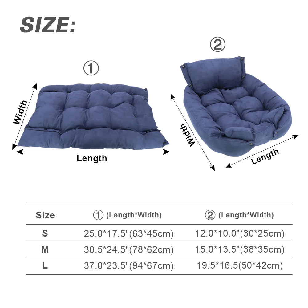 Blue plush dog sofa bed and flat pet mattress, cozy winter dog house cushion in small to large sizes for pet comfort.