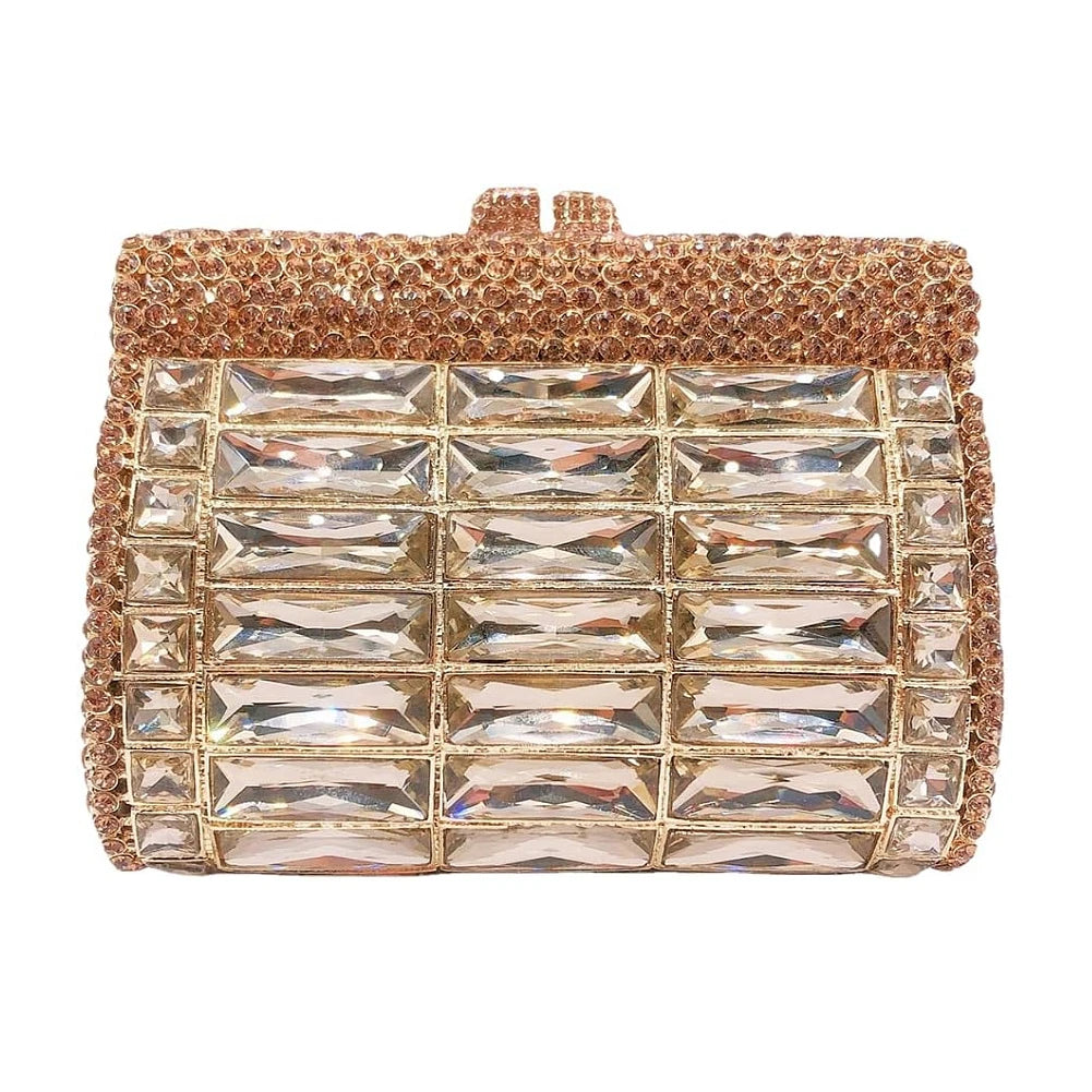 Champagne crystal evening clutch bag with rectangular rhinestones, metallic frame, and sparkling luxury diamond design.