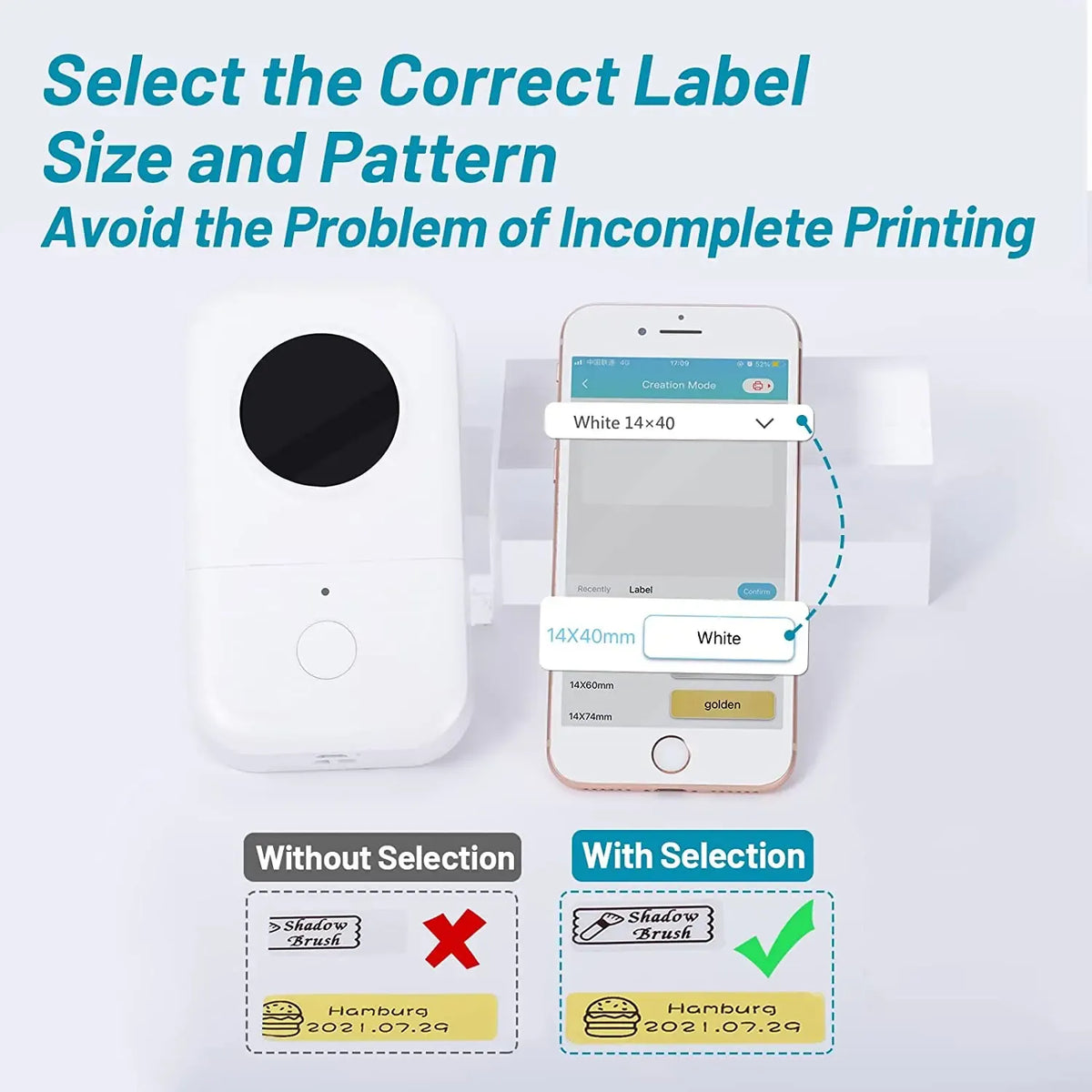 White thermal labels, 14x40mm, with selection guidance for printing