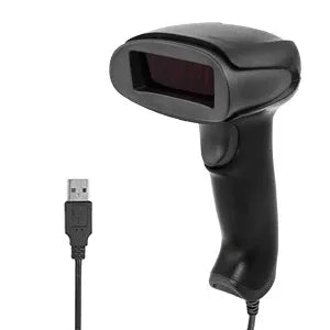 Black handheld barcode scanner with USB connector and scan window