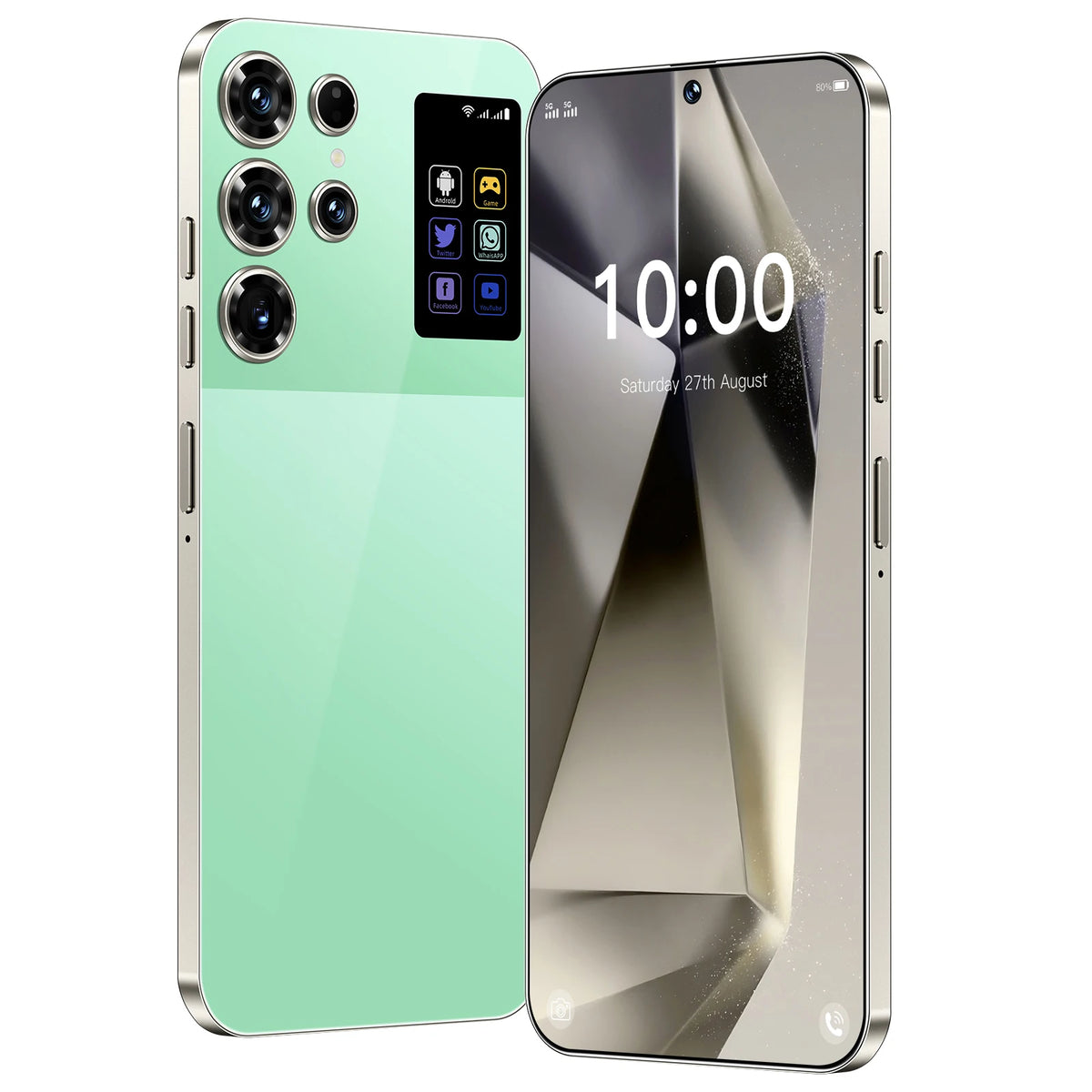 Mint green smartphone with rear camera array and lit front screen