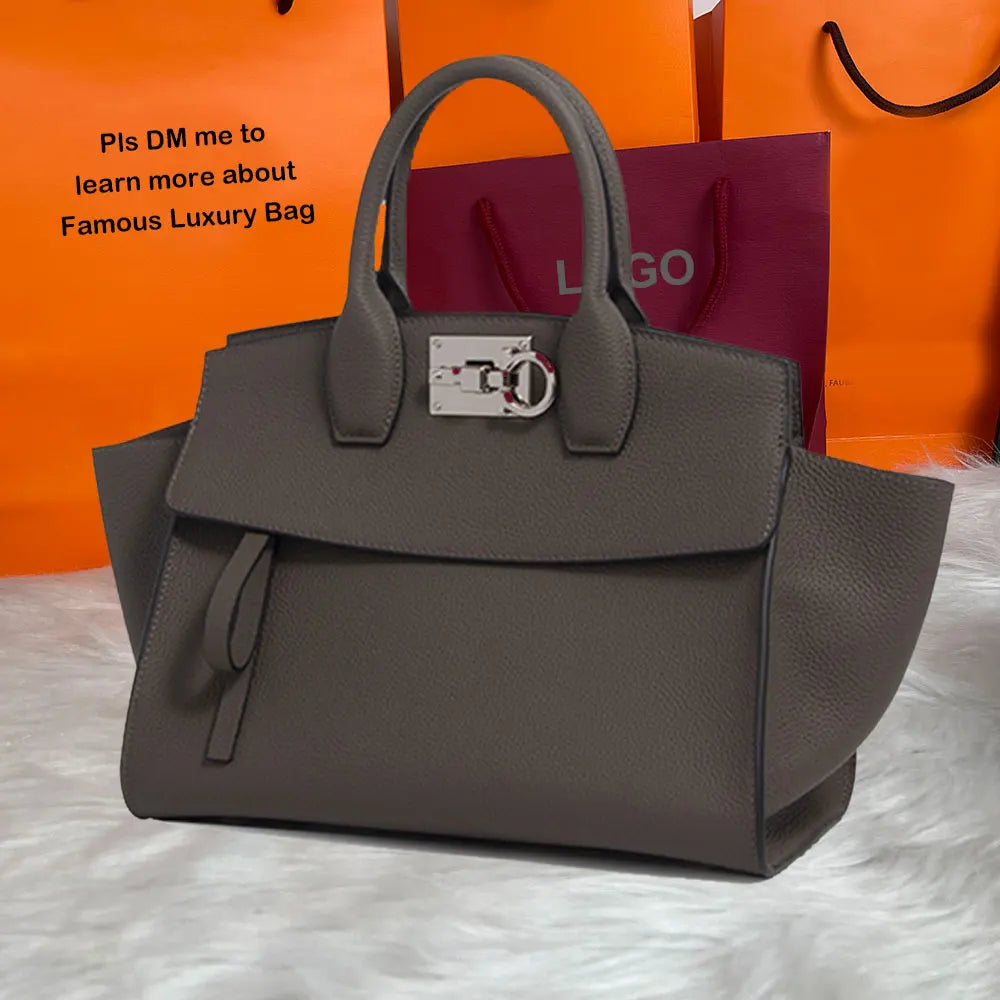 Luxury grey genuine leather tote bag with silver Gancini hardware, elegant top handle, and structured designer style.