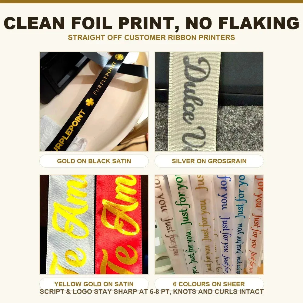 Matte gold foil ribbon print samples on satin and other fabric ribbons
