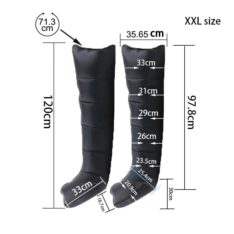 XXL air compression leg massage boots for circulation with detailed size dimensions for pressotherapy recovery.