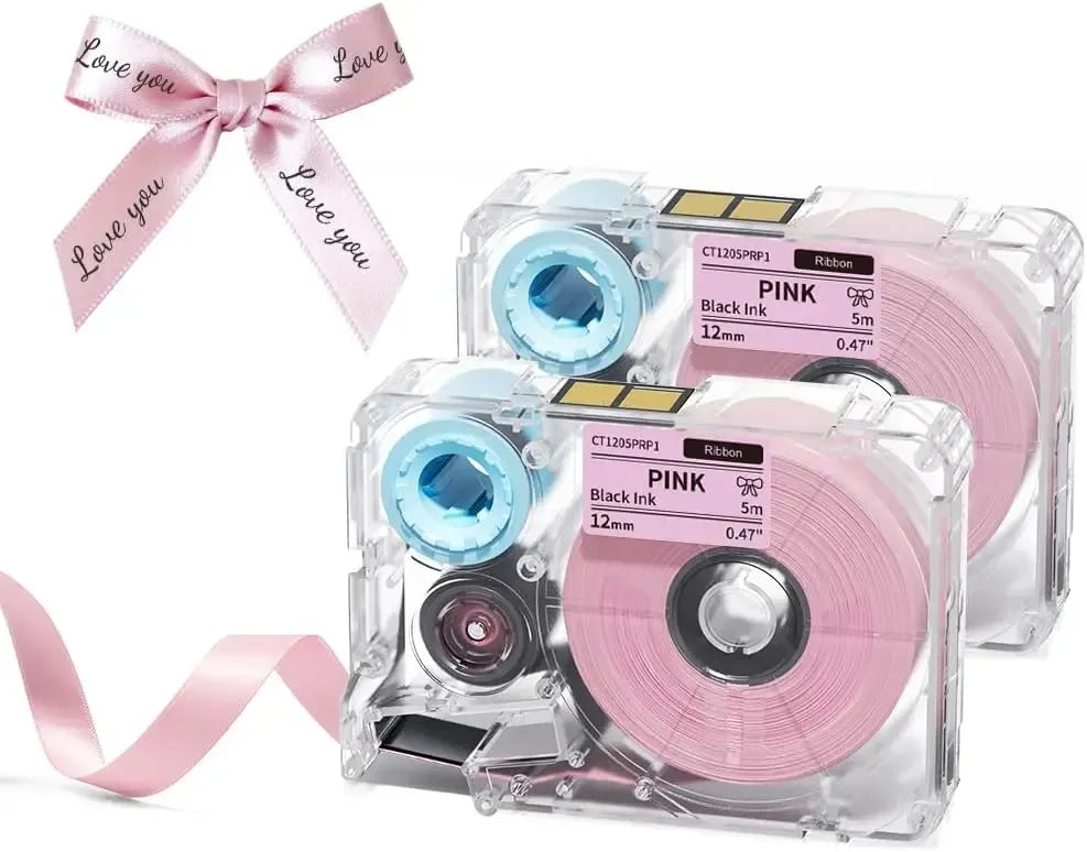 Pink satin ribbon tape with gold "Love you" print, shown in a bow with label cartridges