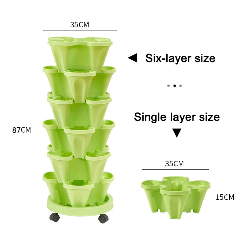 Stackable vertical flower pot planter set, light green plastic with tiered pots and wheels