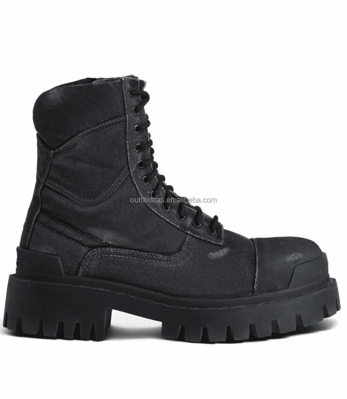 Extra Round Toe Distressed Men Leather Trendy Dress Shoes Unisex Women Strike 8 Eyelets Lace-up 20mm Black Calfskin Strike Boots