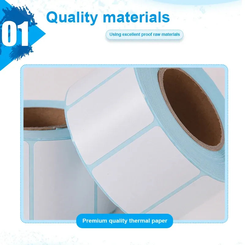 Thermal label sticker roll with blue backing and blank label sheets