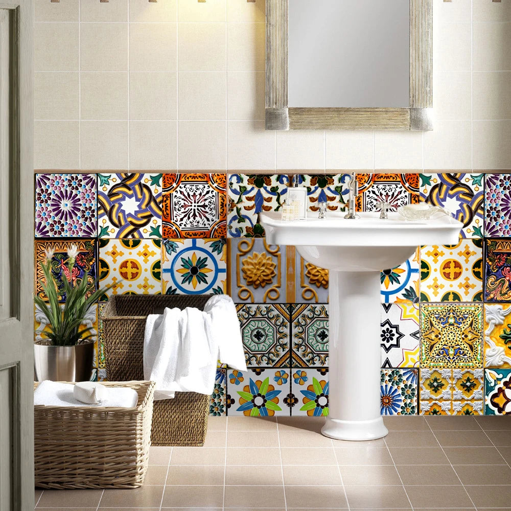 16pcs Retro Moroccan Style Tiles Kitchen Oil-poof & Waterproof Sticker Cupboard Bathroom Home Renovation Peel & Stick Wallpaper