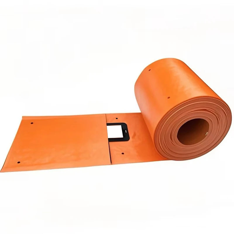 Orange pre-opened shipping bag roll with pre-cut opening panel