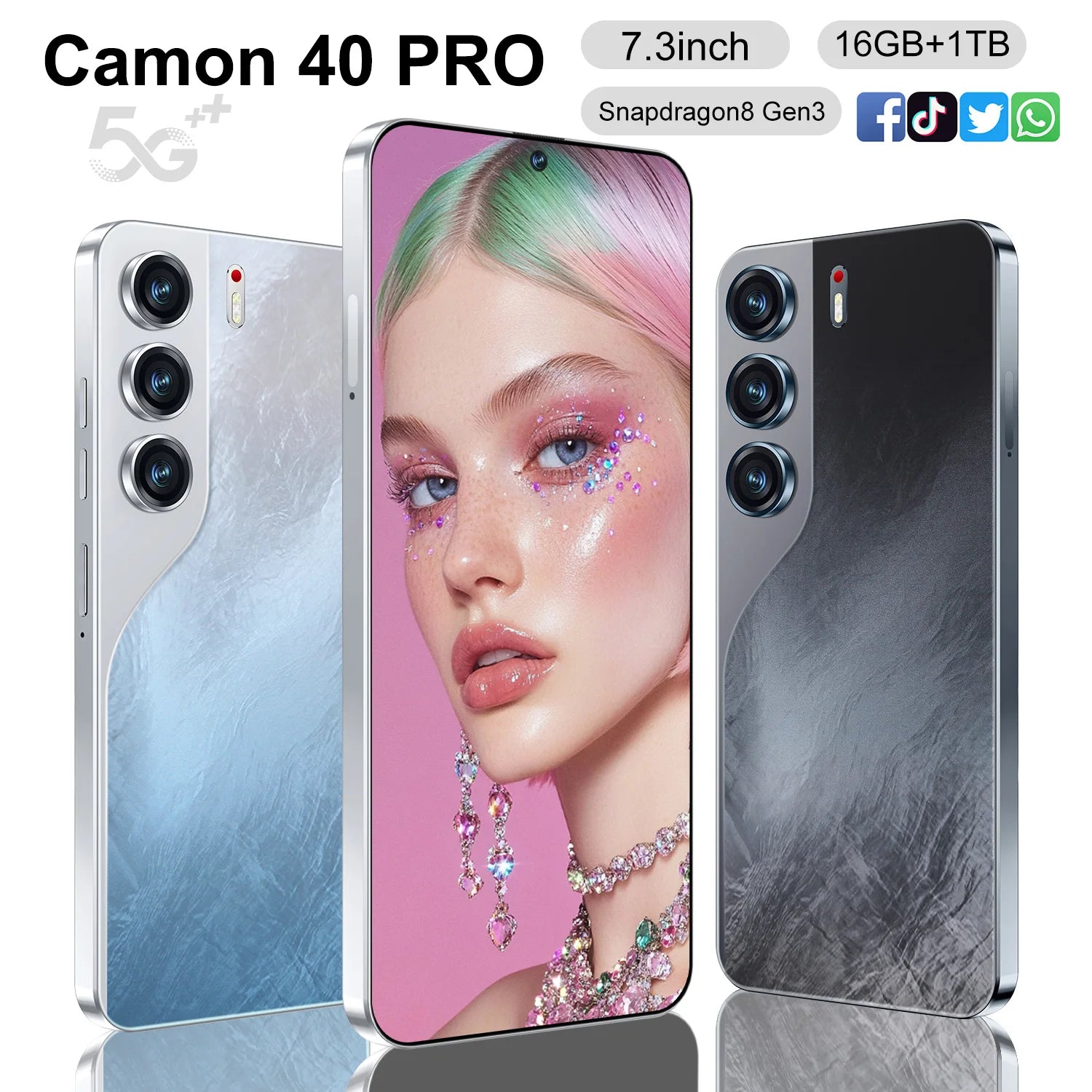 Camon 40 Pro 5G smartphone with 16GB RAM and 1TB storage, featuring 7-inch display and 108MP camera, gallery view 3