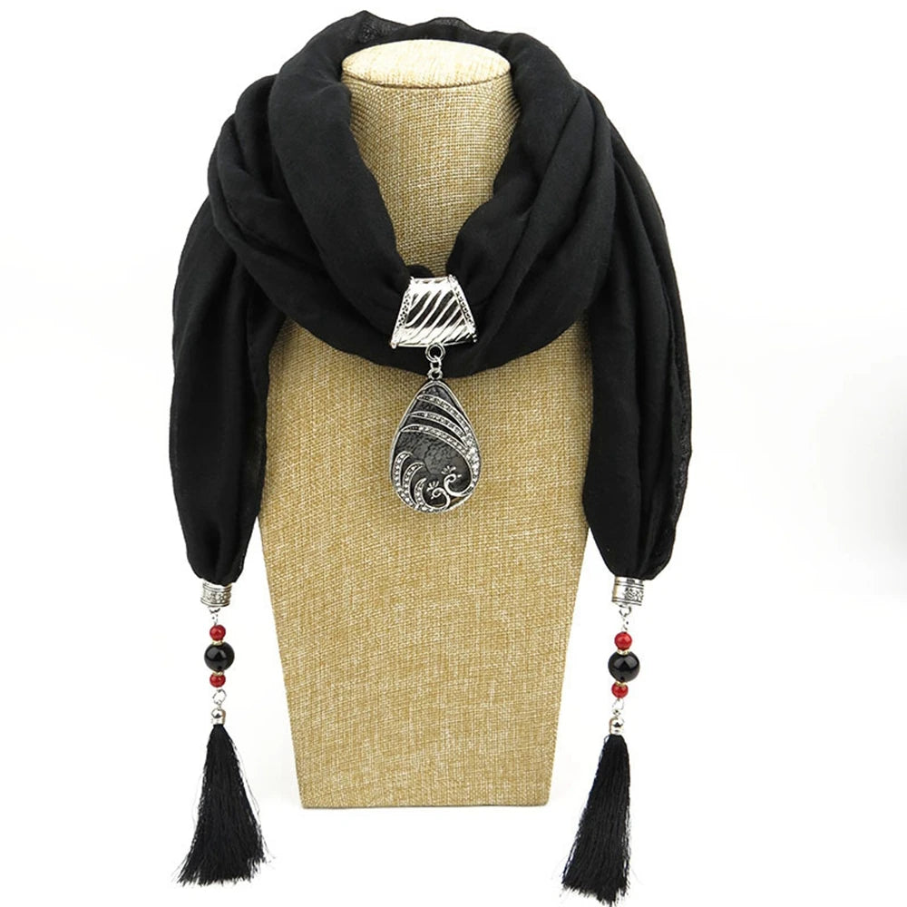 Four Seasons Luxury Solid Jewelry Statement Wild Necklace Scarves Head Scarf Silk Tassel Snood Scarves Women Head Hijab