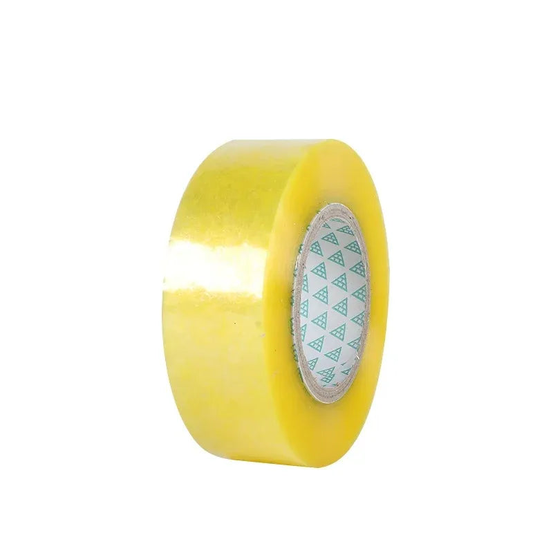 Yellow packing tape roll side view with printed inner core strip