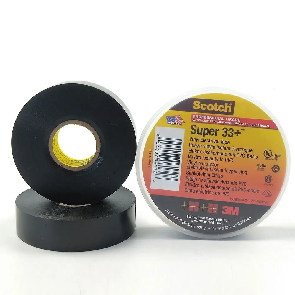 Black vinyl electrical tape roll, yellow inner core, Scotch brand, 19 mm width