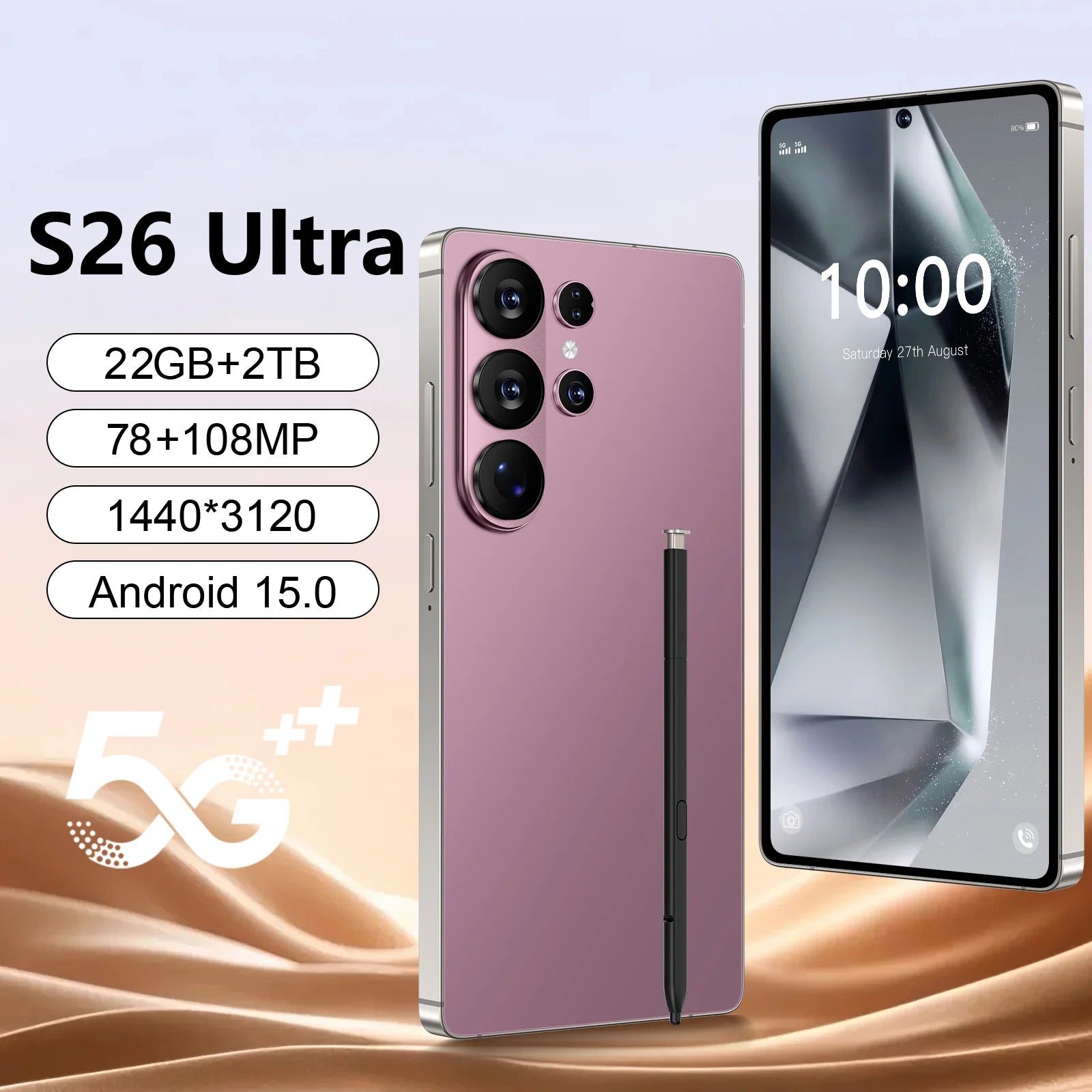 S26 Ultra smartphone with 7.3 inch display, 108MP camera, 22GB RAM, 2TB storage and Android 15 in black