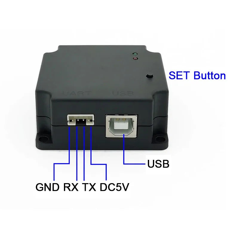 Barcode scanner connector panel showing USB, GND/RX/TX, and DC5V wiring