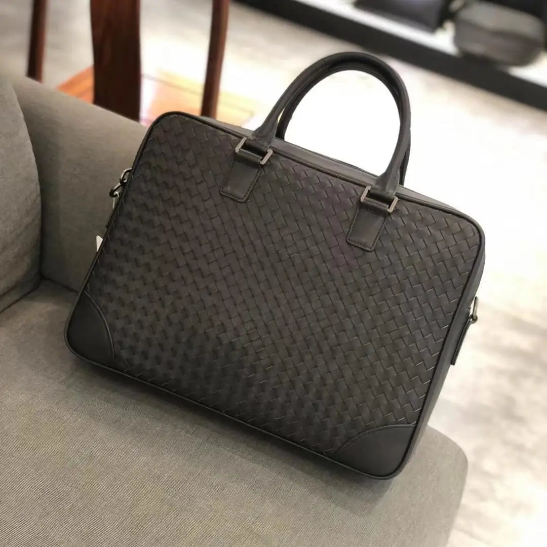 Luxury Hand-Woven Genuine Leather Briefcase Men Business Executive Laptop Bag 14 Inch Top Layer Cowhide Office Travel Handbag