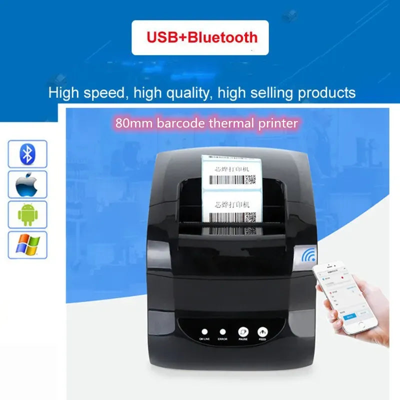 Black 80mm thermal label and receipt printer with open top paper feed