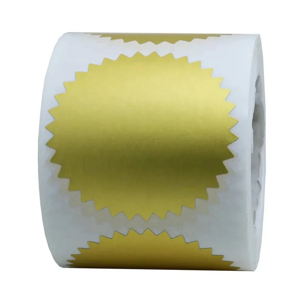 Gold foil round label roll with zigzag edge, adhesive backing