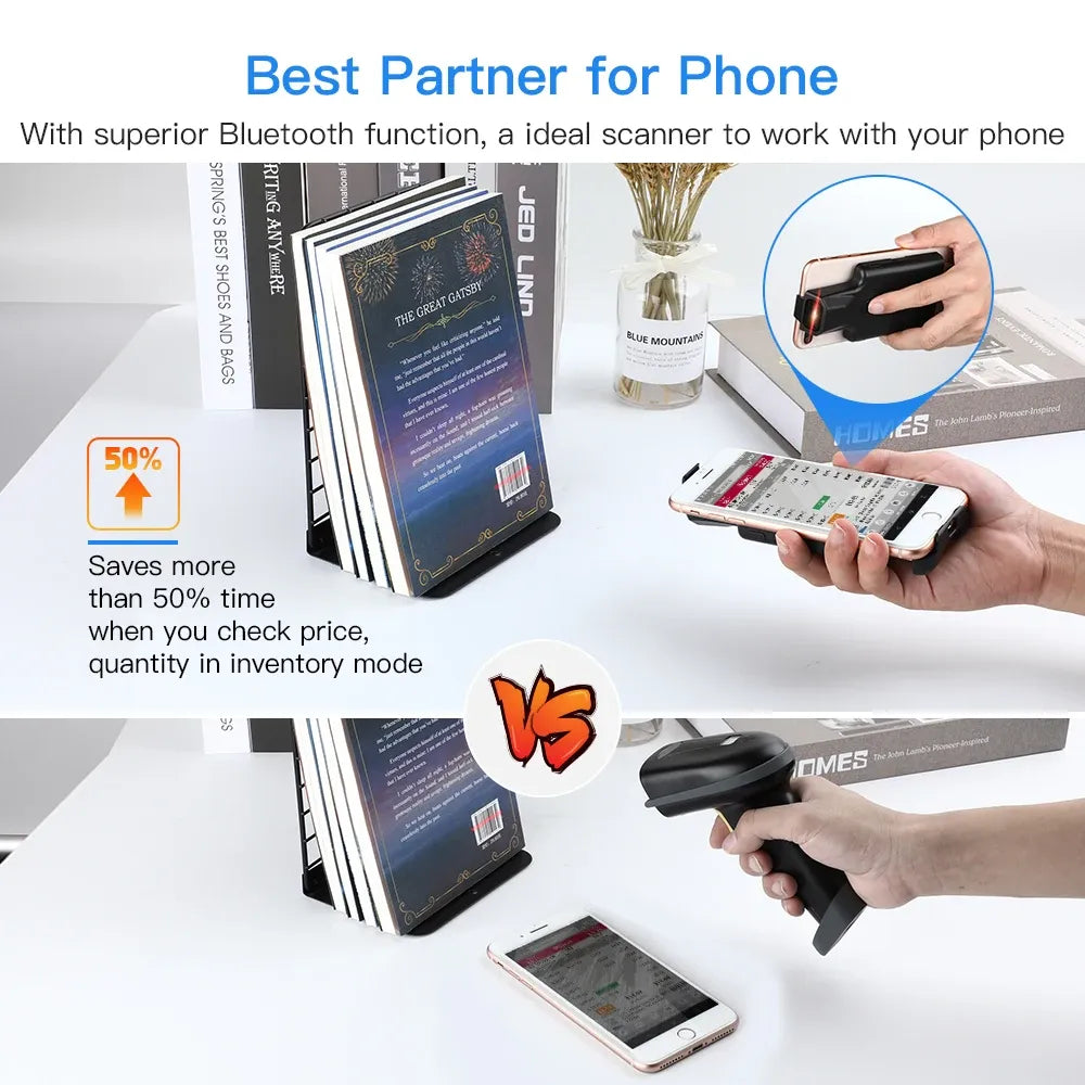 Eyoyo portable Bluetooth 2D barcode scanner with phone clip in use