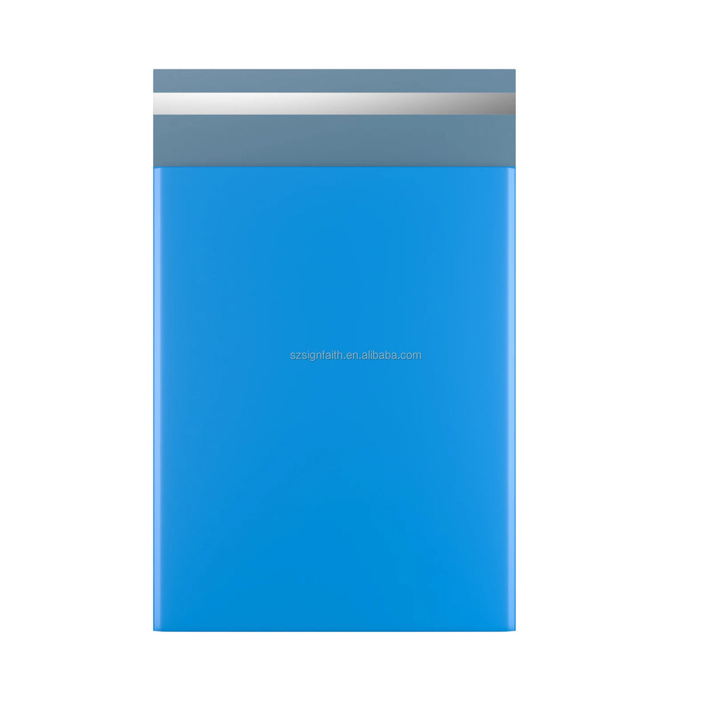 Blue poly mailer envelope with gray seal strip, flat folded shipping bag