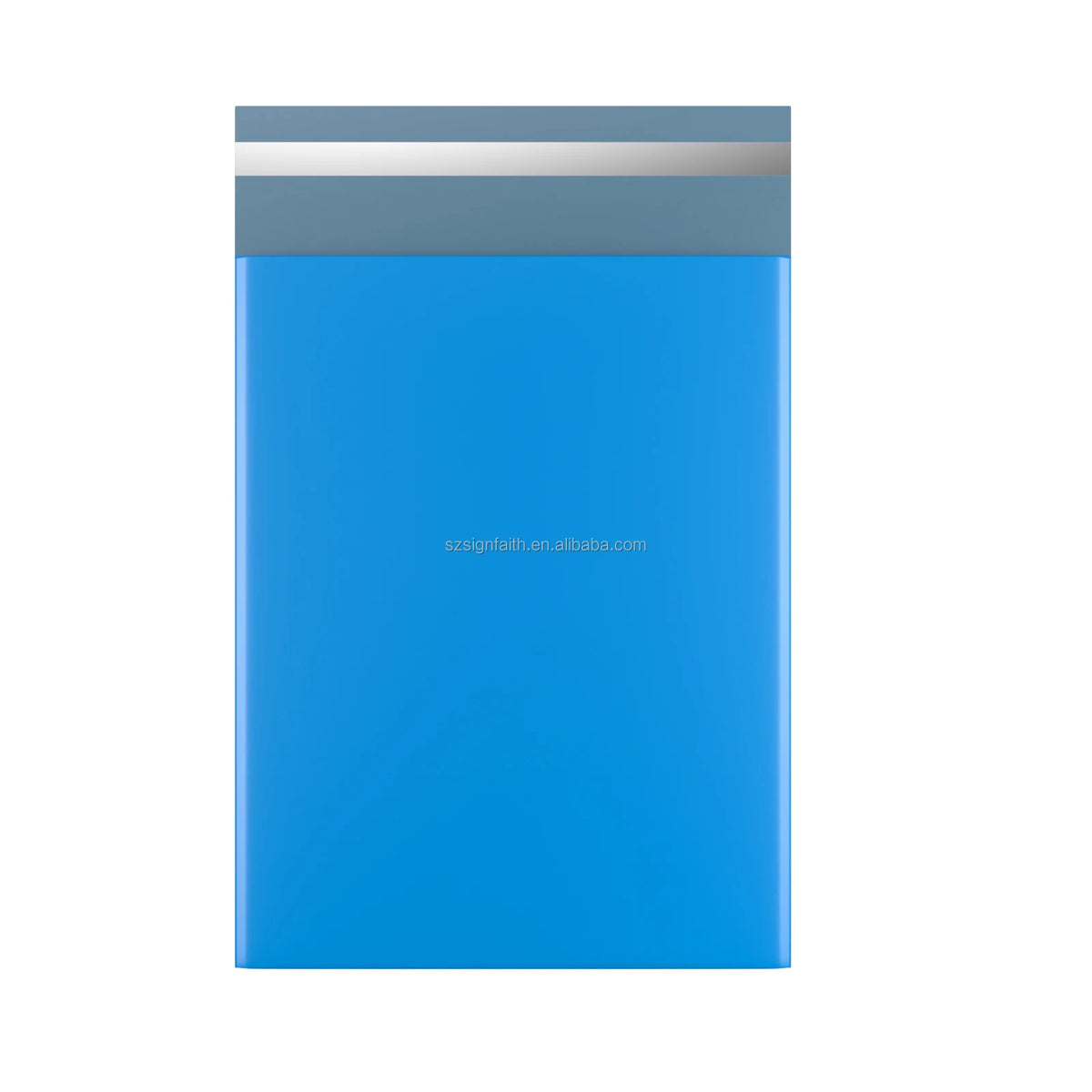 Blue poly mailer envelope with gray seal strip, flat folded shipping bag