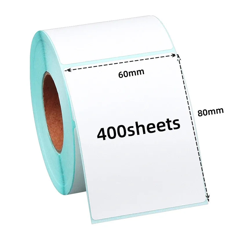 Sky blue direct thermal shipping label roll, 80x60mm white sheets, 400 sheets