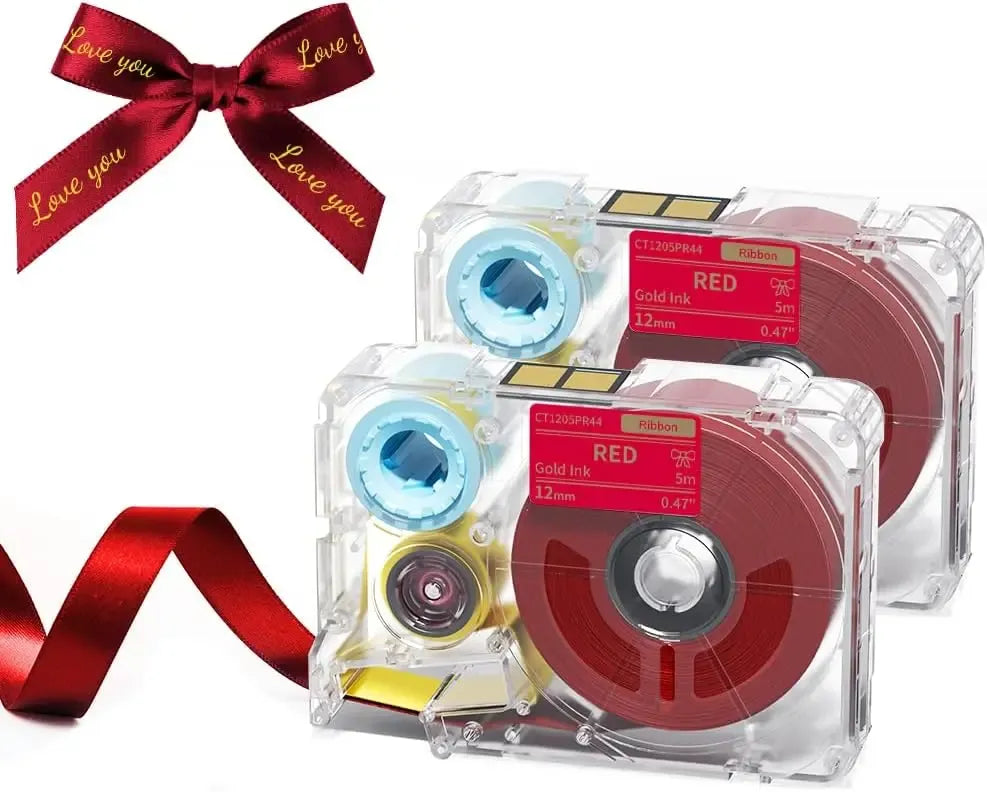 Red satin ribbon tape with gold "Love you" print, shown in a bow with label cartridges
