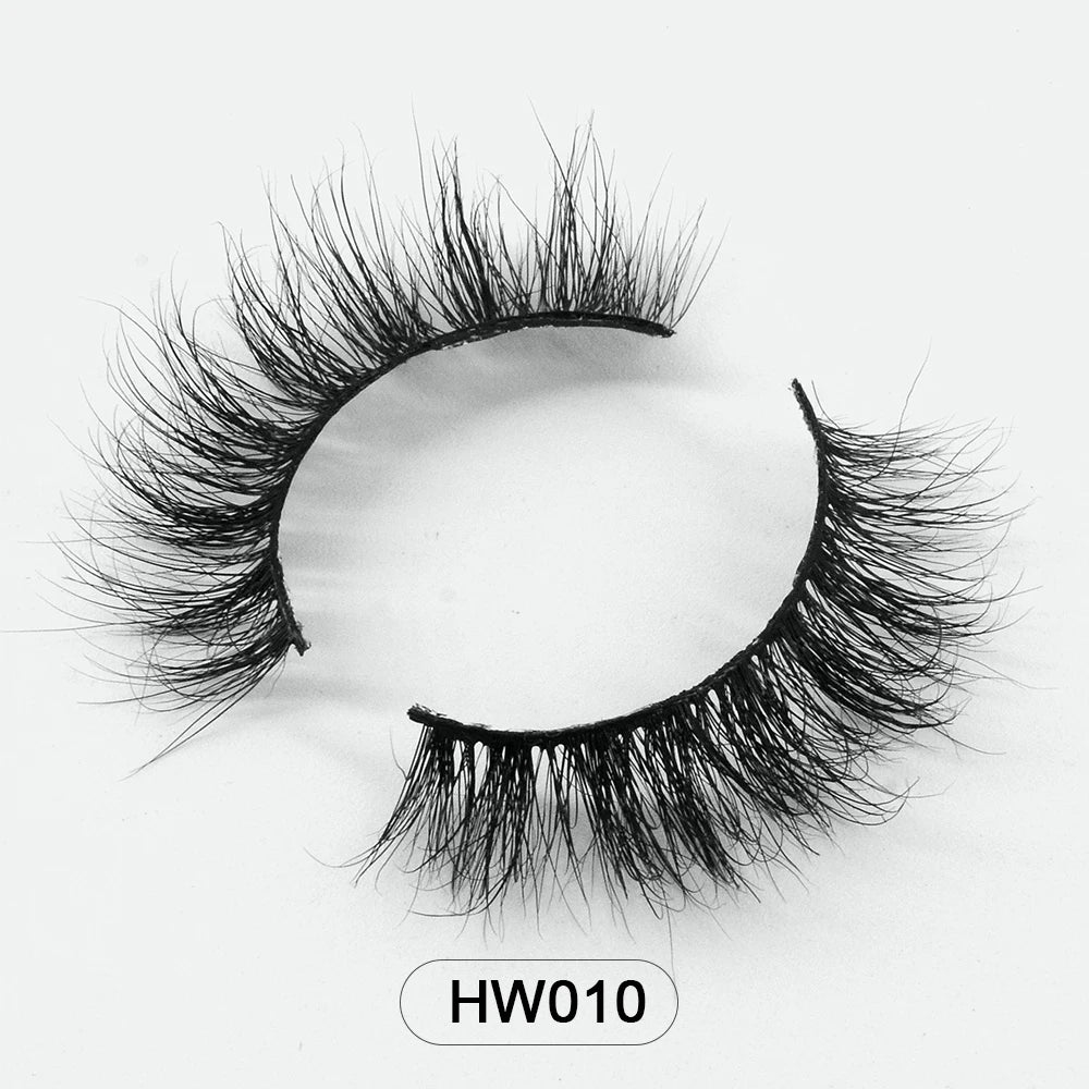 Pair of black 3D mink false eyelashes with a soft flex band, isolated on a white background. Model label: HW010.