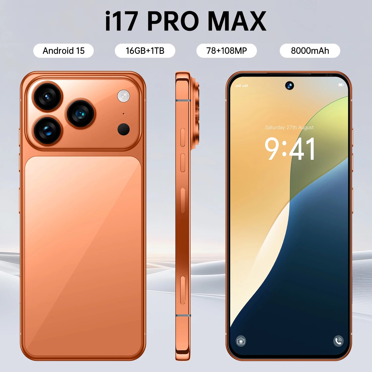 2025 I17 17 Pro Max 5G smartphone with 7.3 inch display, 108MP camera, and 16GB RAM for high performance.