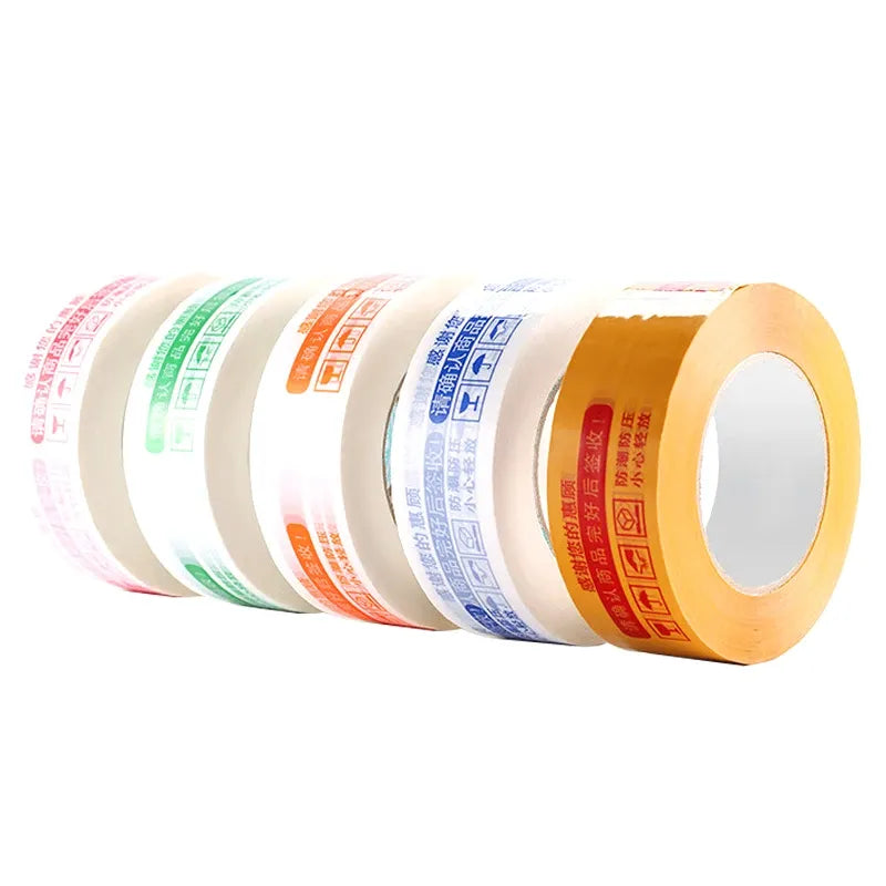 Assorted printed packing tape rolls in red, green, orange, blue, and tan