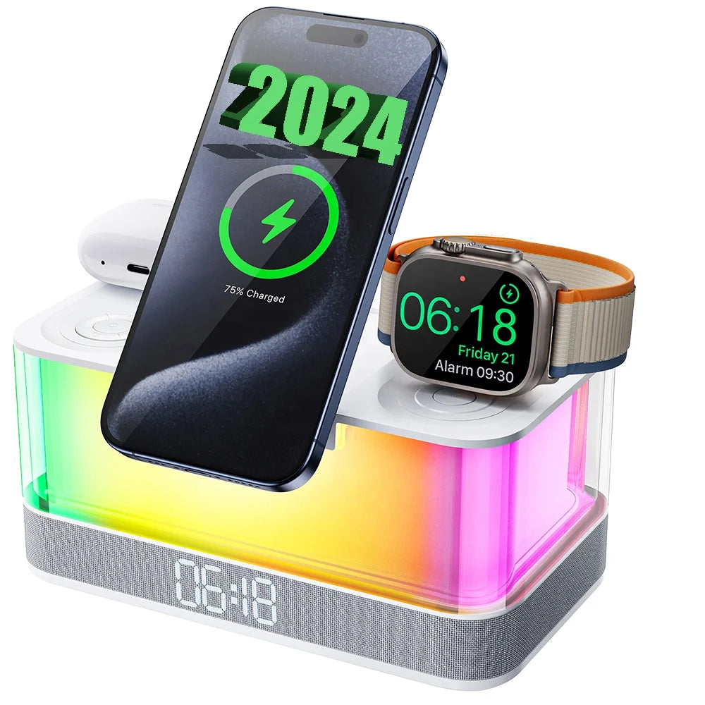 Hot Products 2025 Trend Multi Functional Alarm Clock Wireless Charger RGB Night Light BT Music Speaker 6 in 1 Wireless Charger Tidesmit