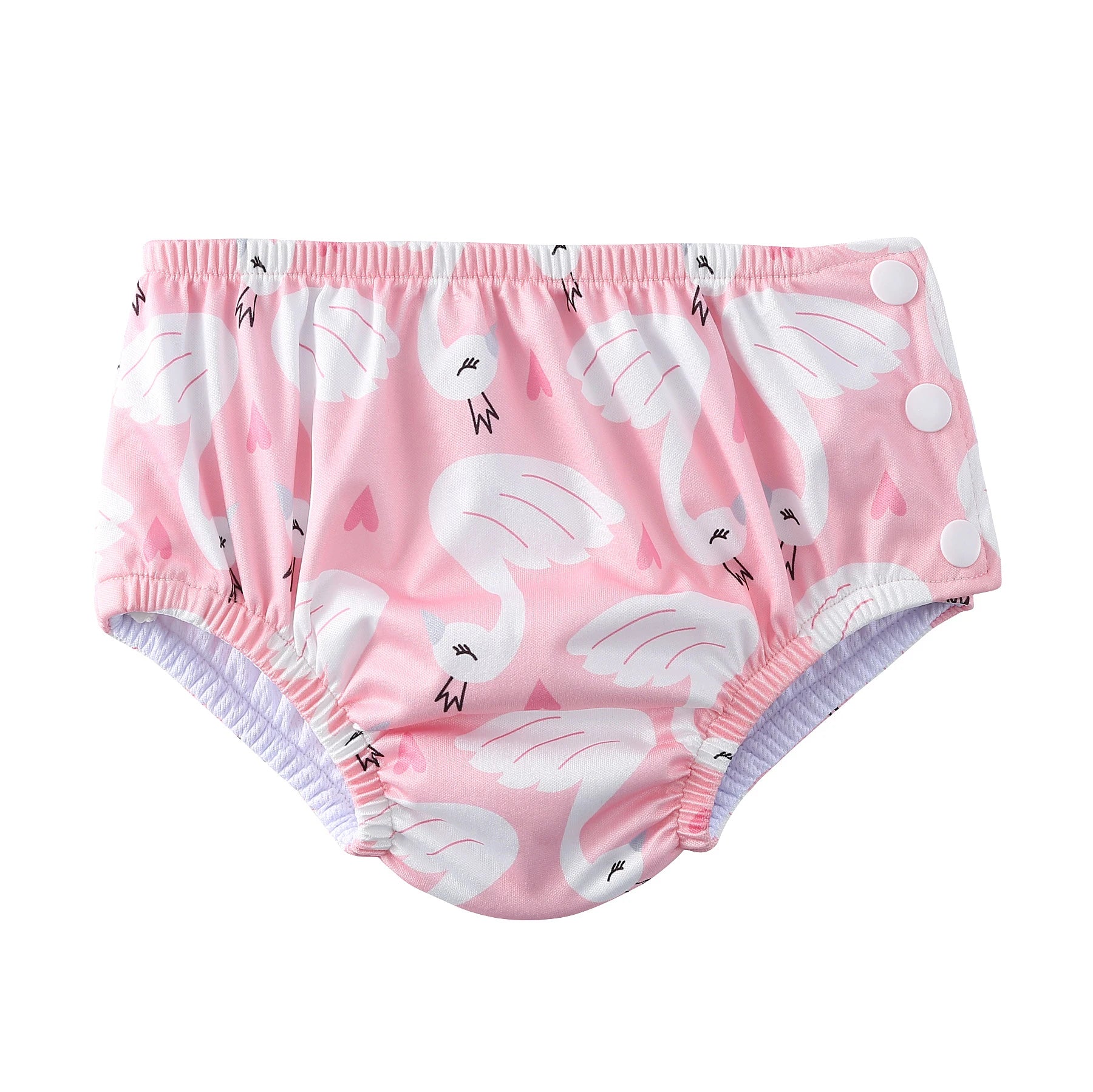 Pink swan print reusable baby swim diaper with snap sides for adjustable baby care.