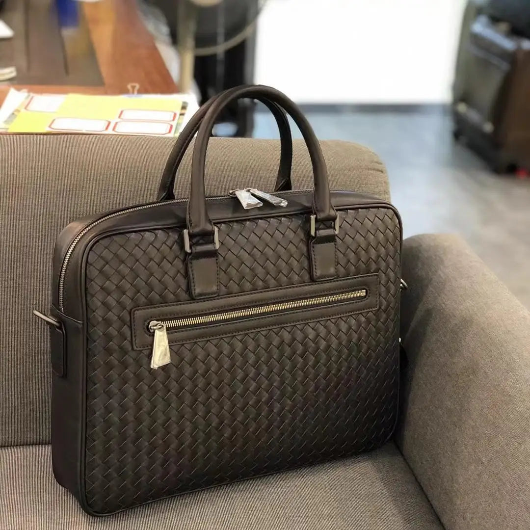 Luxury Hand-Woven Genuine Leather Briefcase Men Business Executive Laptop Bag 14 Inch Top Layer Cowhide Office Travel Handbag